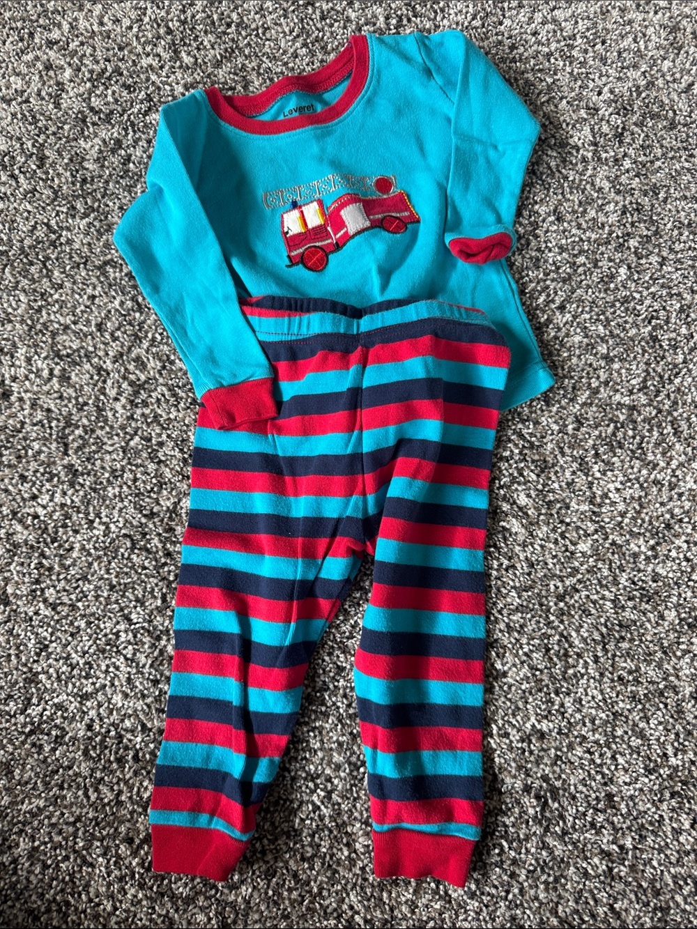 Kids Turquoise & Red Firetruck Pajama Set
